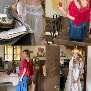 Retro Embroidered Square Neck Puff Sleeve Top and Women's Summer Ramie Half Skirt Set - Vintage Style Outfit