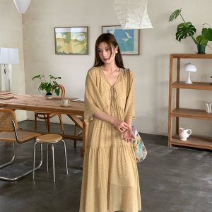 Retro Floral V-Neck Chiffon Dress for Women - Summer Loose Mid-Sleeve Flared Skirt, Vintage Style, Perfect for 90s and Y2K Fashion