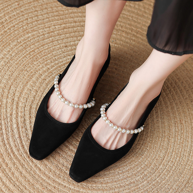 Retro French Pearl One-Strap Square Toe Mary Jane Shoes for Women - Italian Style Shallow Mouth Flats