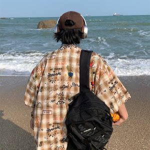 Retro Graffiti Checkered Short Sleeve Shirt for Men and Women - Vintage Summer Half Sleeve Top in 90s Style