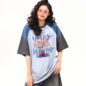 Retro Graffiti Letter Color-Blocking Raglan Short-Sleeve T-Shirt for Women - Unique American 90s Style Graphic Tee