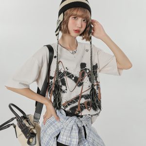 Retro Graffiti Print Round Neck Short Sleeve T-Shirt for Women - Loose Slim Fit Summer Street Style Top
