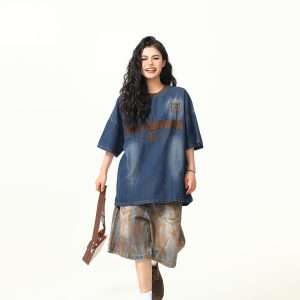 Retro Heavy Embroidery Washed Denim Short Sleeve T-shirt for Men and Women - Loose Fit Summer Style