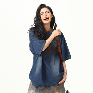 Retro Heavy Embroidery Washed Denim Short Sleeve T-shirt for Men and Women - Loose Fit Summer Style