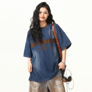 Retro Heavy Embroidery Washed Denim Short Sleeve T-shirt for Men and Women - Loose Fit Summer Style