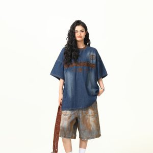 Retro Heavy Embroidery Washed Denim Short Sleeve T-shirt for Men and Women - Loose Fit Summer Style