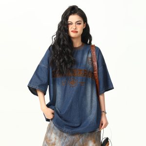 Retro Heavy Embroidery Washed Denim Short Sleeve T-shirt for Men and Women - Loose Fit Summer Style