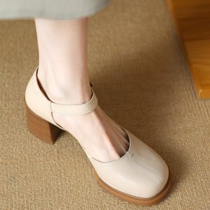 Retro High Heel Chunky Heeled Sandals for Women - Sheepskin One-Strap Hollow Out Design - Summer 2025 Fashion