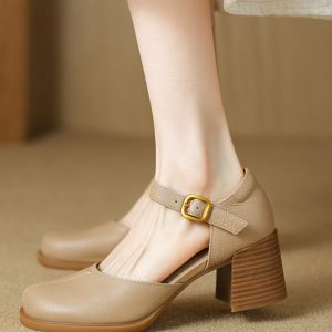 Retro High Heel Chunky Heeled Sandals for Women - Sheepskin One-Strap Hollow Out Design - Summer 2025 Fashion