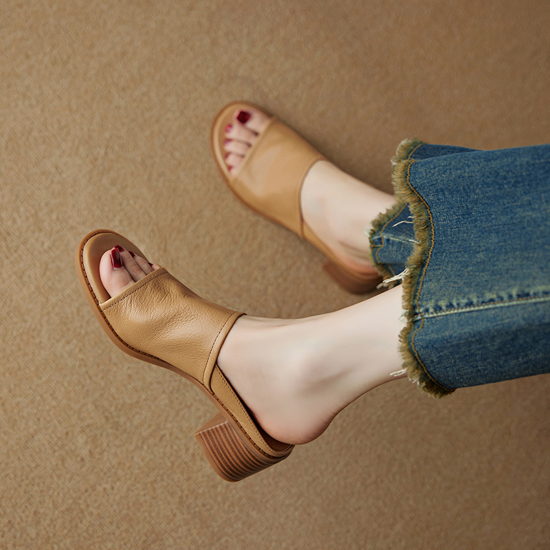 Retro High Heel Slide Sandals for Women - Genuine Leather Round Toe Open-Toe Slippers, Thick Heel, Summer 2025 Fashion