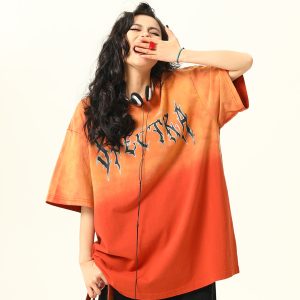 Retro High Street Washed Gradient Letter Short-Sleeve T-Shirt for Men and Women - Trendy Summer Couple Tee