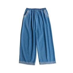 Retro High-Waisted Denim Pants with Lace Trim - Women's Wide-Leg Summer Trousers, Vintage Sea Heartbeat Embroidery