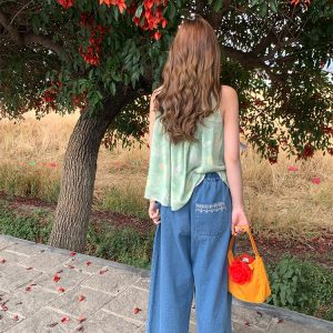 Retro High-Waisted Denim Pants with Lace Trim - Women's Wide-Leg Summer Trousers, Vintage Sea Heartbeat Embroidery