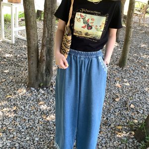 Retro High-Waisted Denim Pants with Lace Trim - Women's Wide-Leg Summer Trousers, Vintage Sea Heartbeat Embroidery
