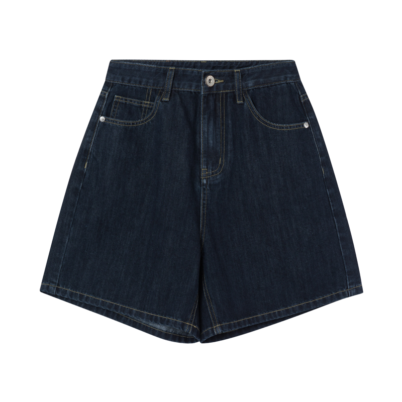 Retro High-Waisted Denim Shorts for Women - 2025 New Style Deep Blue Casual Wide-Leg Straight Leg Summer Fashion