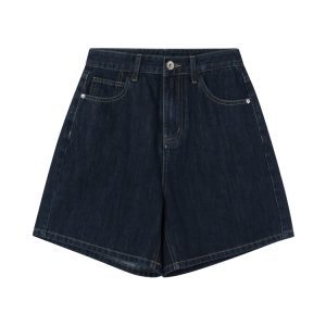 Retro High-Waisted Denim Shorts for Women - 2025 New Style Deep Blue Casual Wide-Leg Straight Leg Summer Fashion