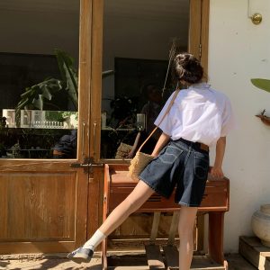 Retro High-Waisted Denim Shorts for Women - 2025 New Style Deep Blue Casual Wide-Leg Straight Leg Summer Fashion