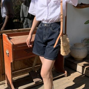 Retro High-Waisted Denim Shorts for Women - 2025 New Style Deep Blue Casual Wide-Leg Straight Leg Summer Fashion