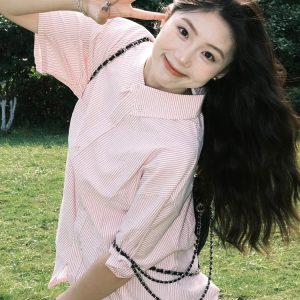 Retro Hong Kong Style Pink Striped Short Sleeve Shirt for Women - Casual Loose Fit Smiley Face Jacket Top for Summer