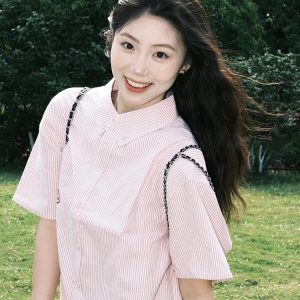 Retro Hong Kong Style Pink Striped Short Sleeve Shirt for Women - Casual Loose Fit Smiley Face Jacket Top for Summer