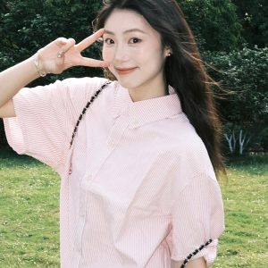 Retro Hong Kong Style Pink Striped Short Sleeve Shirt for Women - Casual Loose Fit Smiley Face Jacket Top for Summer