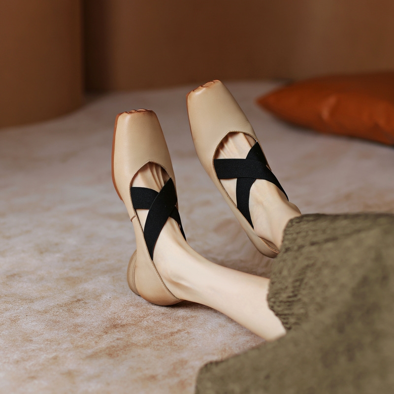 Retro Italian Soft Leather Square-Toe Low-Cut Chunky-Heel Cross-Strap Mary Jane Shoes - Vintage Inspired Fashion Footwear