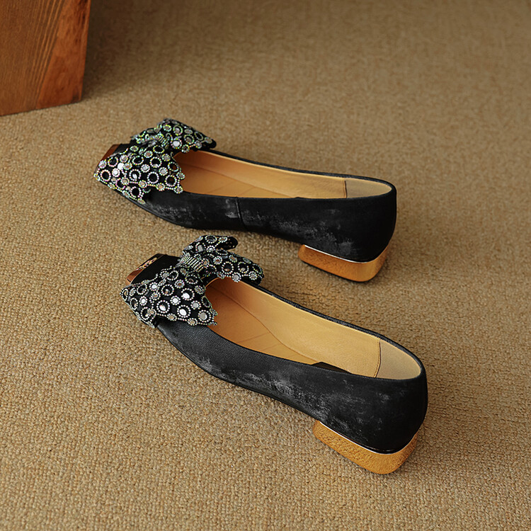 Retro Italian Style Bow Flat Shoes for Women - Square Toe Shallow Mouth Design, Chic National Style Footwear