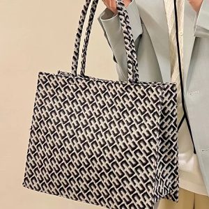 Retro Jacquard Tote Bag for Women - Large Capacity Canvas Shoulder Bag for Commuting - Trendy 2022 Niche Style