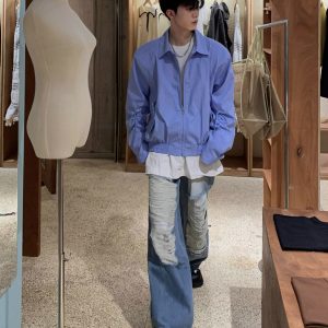 Retro Japanese-Style Blue Striped Shirt for Men - Autumn Loose Casual Shoulder-Padded Jacket, Trendy Y2K Fashion Essential