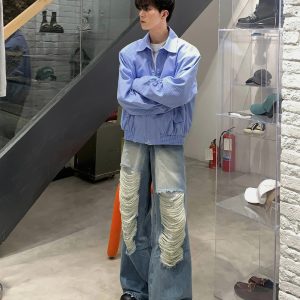 Retro Japanese-Style Blue Striped Shirt for Men - Autumn Loose Casual Shoulder-Padded Jacket, Trendy Y2K Fashion Essential