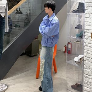 Retro Japanese-Style Blue Striped Shirt for Men - Autumn Loose Casual Shoulder-Padded Jacket, Trendy Y2K Fashion Essential