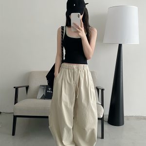 Retro Japanese-Style Parachute Pants for Spring-Summer, Loose Fit Wide-Leg, Comfortable Pure Cotton, Casual American Vibe