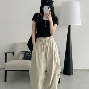 Retro Japanese-Style Parachute Pants for Spring-Summer, Loose Fit Wide-Leg, Comfortable Pure Cotton, Casual American Vibe