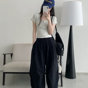 Retro Japanese-Style Parachute Pants for Spring-Summer, Loose Fit Wide-Leg, Comfortable Pure Cotton, Casual American Vibe