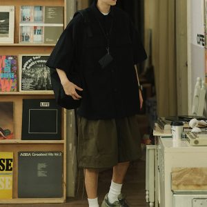 Retro Japanese Style Short Sleeve Shirt Jacket for Men - Loose Casual Summer Workwear for City Boys