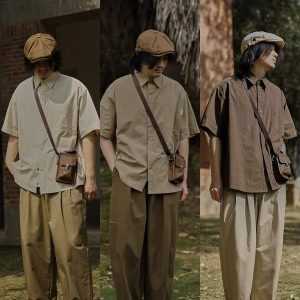 Retro Japanese-Style Short Sleeve Work Shirt for Men - Casual Layered Solid Color Half-Sleeve Shirt Jacket for Summer Trends