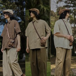 Retro Japanese-Style Short Sleeve Work Shirt for Men - Casual Layered Solid Color Half-Sleeve Shirt Jacket for Summer Trends