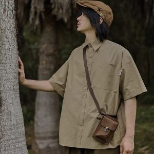 Retro Japanese-Style Short Sleeve Work Shirt for Men - Casual Layered Solid Color Half-Sleeve Shirt Jacket for Summer Trends