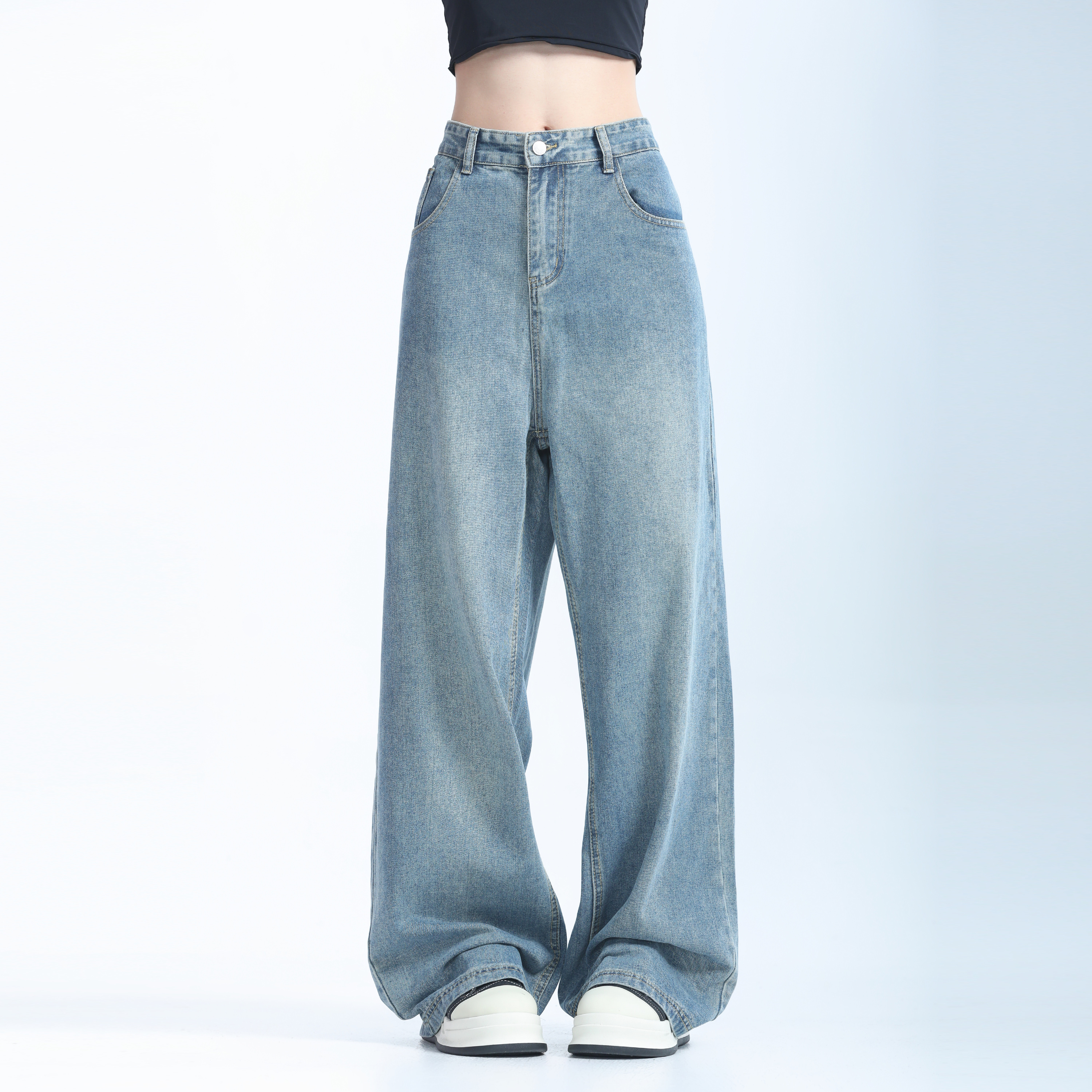 Retro Korean-Style Blue Wide-Leg Jeans for Women - Trendy Loose Straight Pants for Autumn Fashion