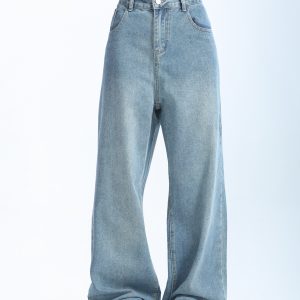Retro Korean-Style Blue Wide-Leg Jeans for Women - Trendy Loose Straight Pants for Autumn Fashion