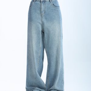 Retro Korean-Style Blue Wide-Leg Jeans for Women - Trendy Loose Straight Pants for Autumn Fashion
