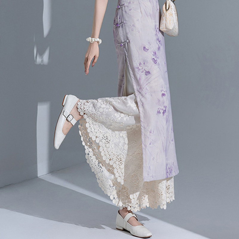 Retro Layered Qipao Wide-Leg Pants Skirt with Water-Soluble Lace Embroidery - Skin-Friendly Nine-Point Trousers for Women