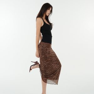 Retro Leopard Print Elastic Mesh Skirt - Y2K Inspired Fashion Statement