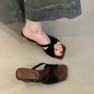 Retro Leopard Print Sheepskin High-Heeled One-Strap Sandals for Women - Summer Open-Toe Square Toe Wedge Footwear