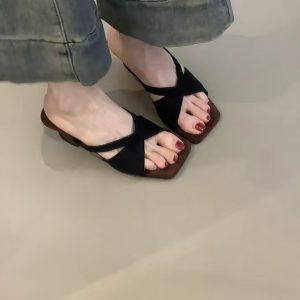 Retro Leopard Print Sheepskin High-Heeled One-Strap Sandals for Women - Summer Open-Toe Square Toe Wedge Footwear