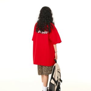 Retro Letter Print Short Sleeve T-Shirt for Men and Women - Trendy Loose Fit Red Tee for Summer - American Style