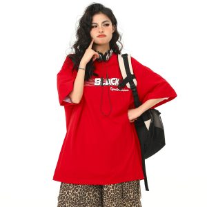 Retro Letter Print Short Sleeve T-Shirt for Men and Women - Trendy Loose Fit Red Tee for Summer - American Style