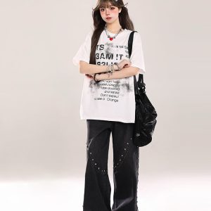 Retro Letter Print Short-Sleeve T-Shirt for Women - Casual Loose Fit, Summer 2025 Style, Vintage-Inspired Fashion