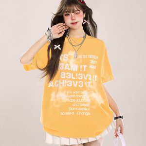 Retro Letter Print Short-Sleeve T-Shirt for Women - Casual Loose Fit, Summer 2025 Style, Vintage-Inspired Fashion