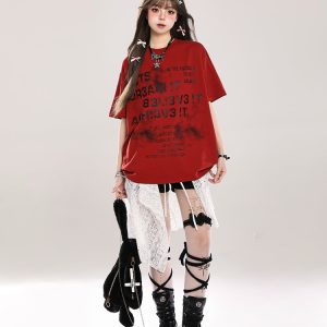 Retro Letter Print Short-Sleeve T-Shirt for Women - Casual Loose Fit, Summer 2025 Style, Vintage-Inspired Fashion